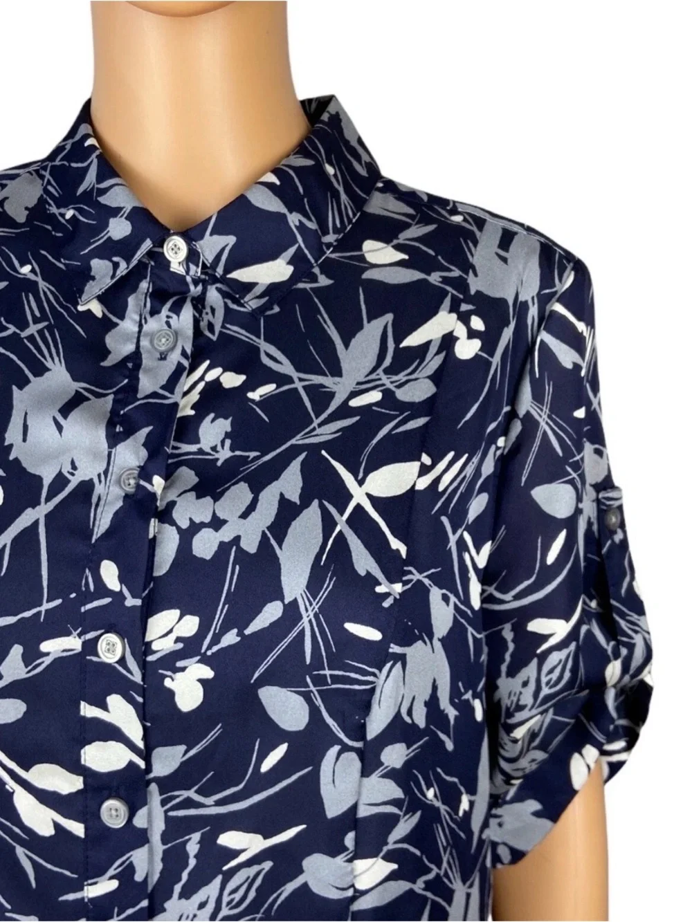 Banana Republic Navy Blue Gray Floral Shirt Dress Roll Tab Sleeve Size 10 NWT